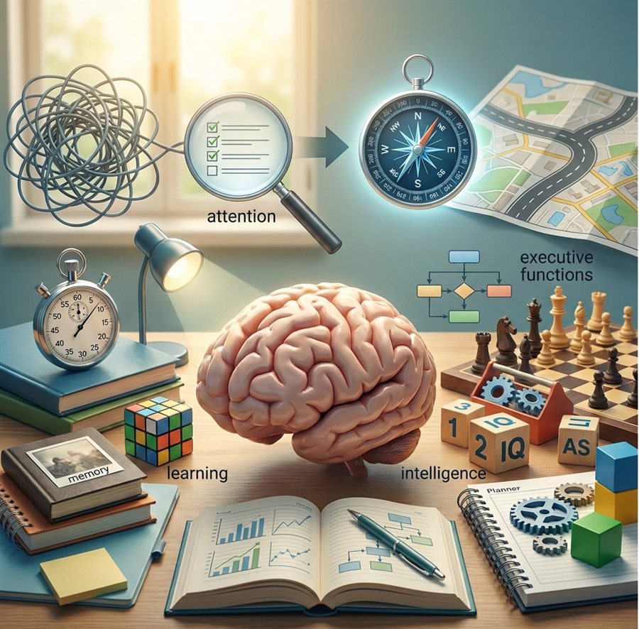 Ilustração das funções investigadas na avaliação neuropsicológica: atenção, memória, aprendizagem, inteligência e funções executivas